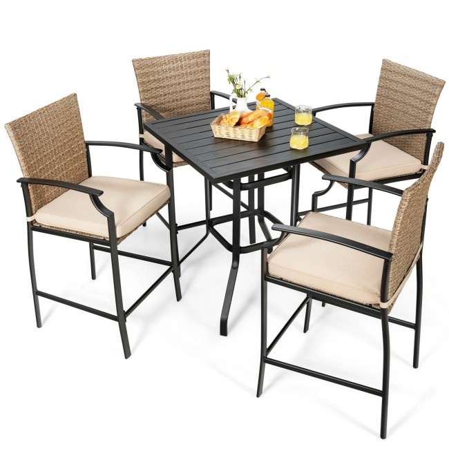 Patio Rattan Bar Stools Set Of 4 With Soft Cushions