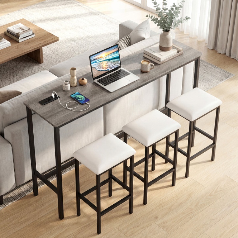 4 Pieces Counter Height Bar Table With Power Outlet With 3 Padded Stools-Gray