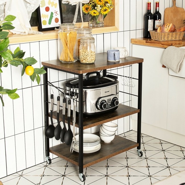 3-Tier Kitchen Baker's Rack Microwave Oven Storage Cart With Hooks