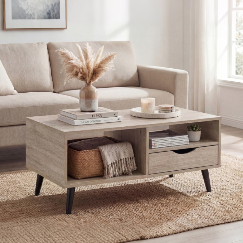 Coffee Table With Storage Rustic Rectangle Center Table-Natural