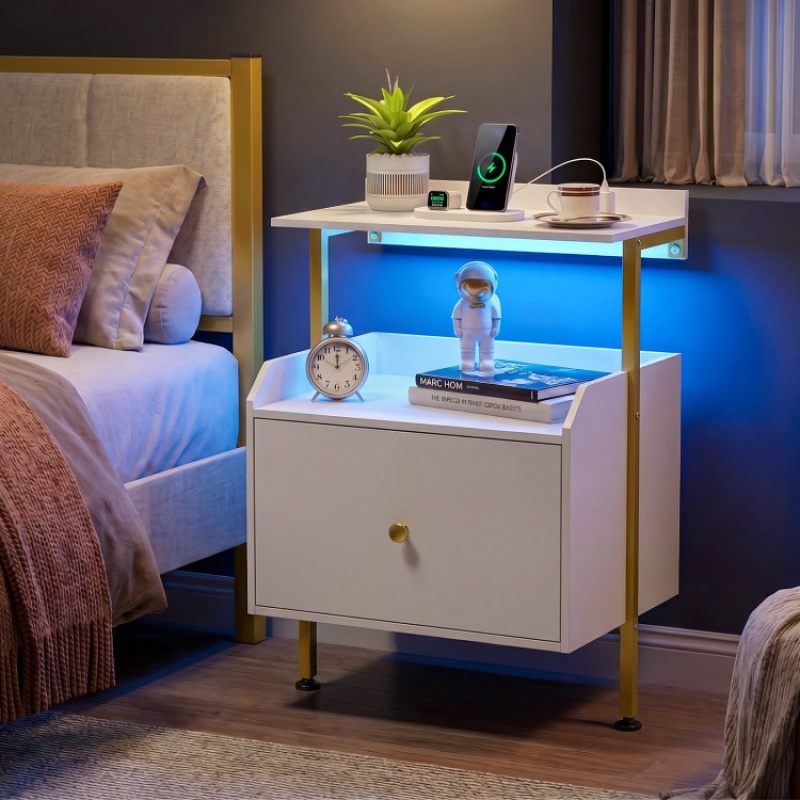 Wall-Mounted Nightstand With Led Lights And Charging Station For Bedroom-White