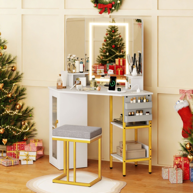 Corner Vanity Desk With Mirror And Lights Makeup Dressing Table With Triple Mirror-White