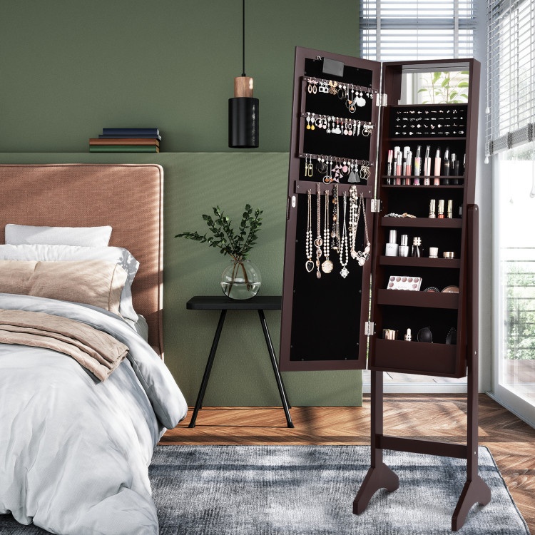 Mirrored Jewelry Cabinet Armoire Organizer with LED Lights - Brown