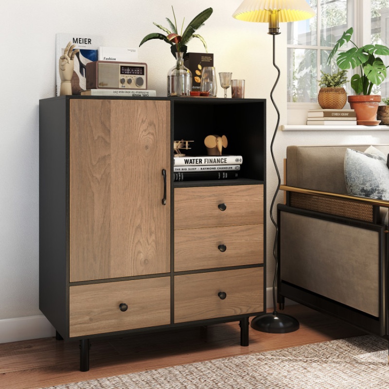 Black Mid-Century Modern Buffet Sideboard with 4 Drawers and Open Compartment