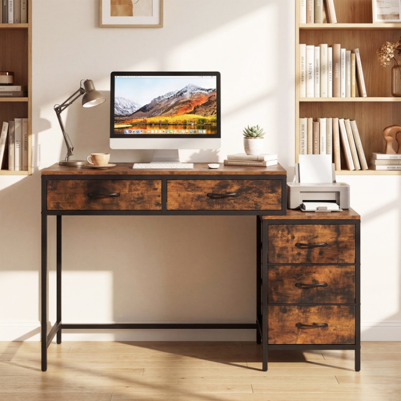 Computer Desk With 5 Drawers And Printer Stand For Bedroom And Small Spaces-Rustic Brown