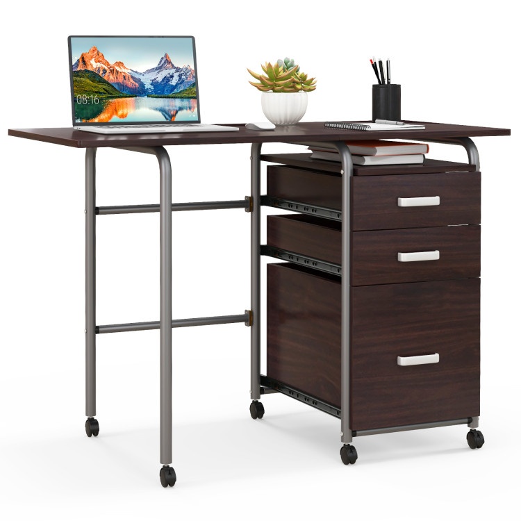 Home Office Folding Computer Laptop Desk Wheeled With 3 Drawers