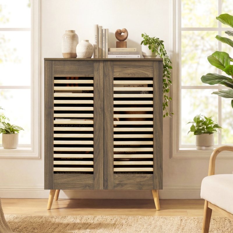 Shoe Cabinet With Louvered Doors And Removable Shelves-Walnut