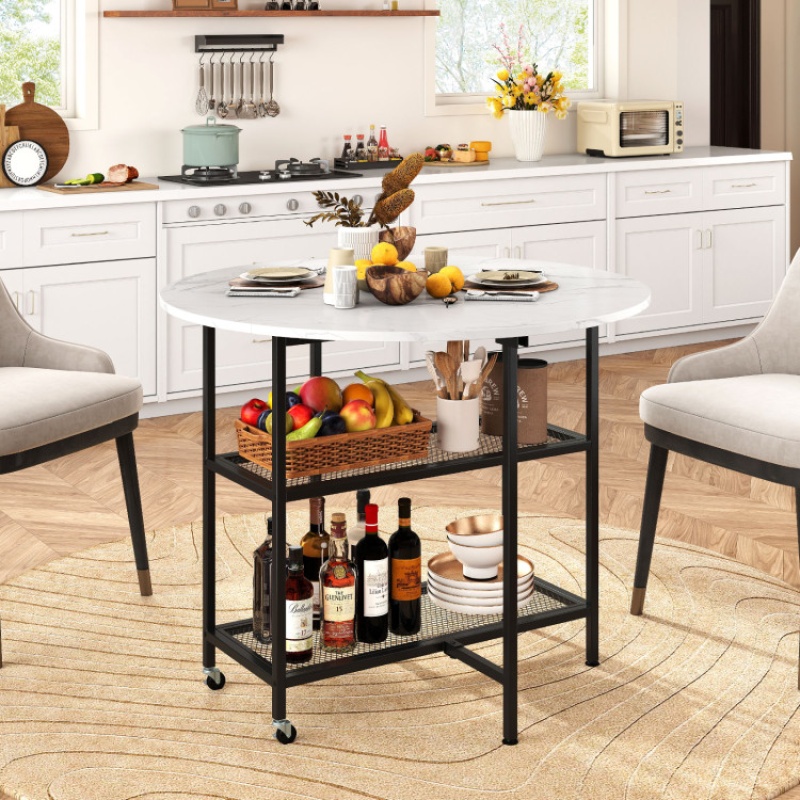 Folding Round Dining Table With Lockable Wheels - White
