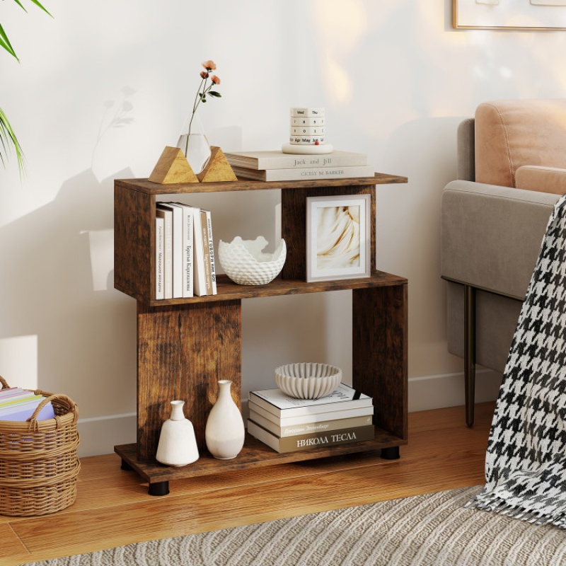 3-Tier Modern S-Shaped Bookshelf With Adjustable Feet-Rustic Brown