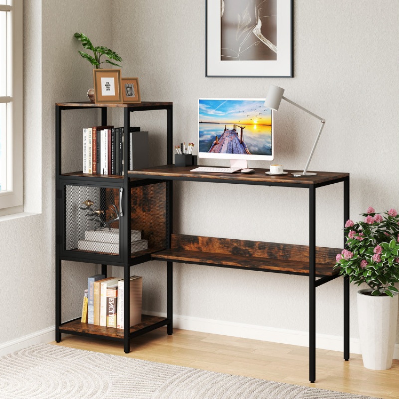 Computer Desk With Bookshelf Home Office Desk With Storage Cabinet And Shelves-Rustic Brown