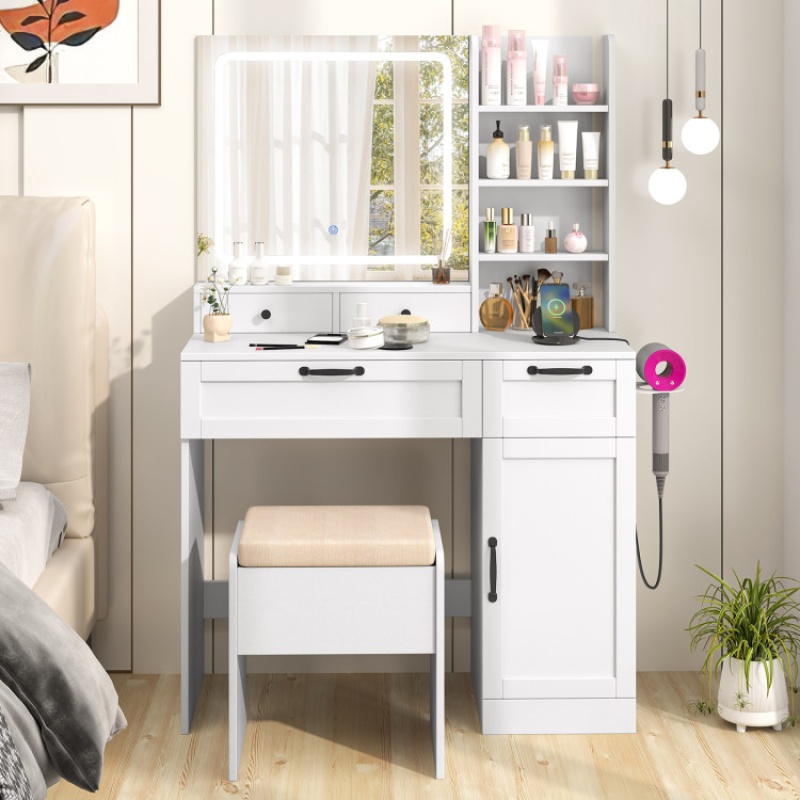 White Vanity Set With Mirror and Adjustable Lighting