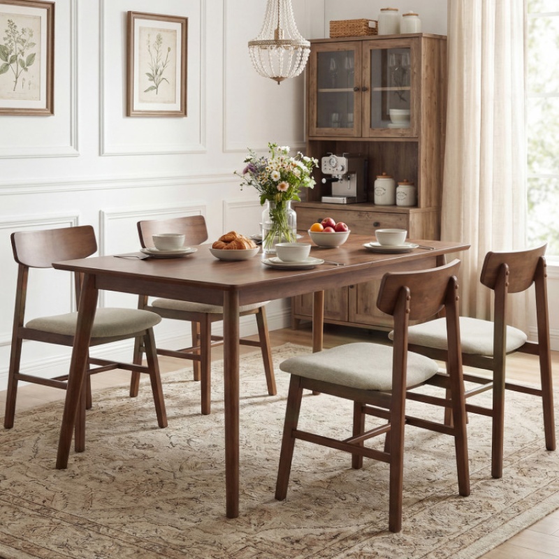 Solid Rubber Wood Dining Chairs Set Of 4 With Curved Backrest-Walnut