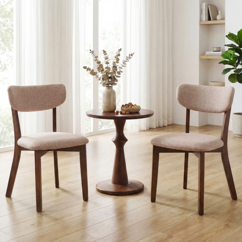 Dining Chairs Set Of 2 Upholstered Mid-Back Chairs With Solid Rubber Wood Frame-Beige