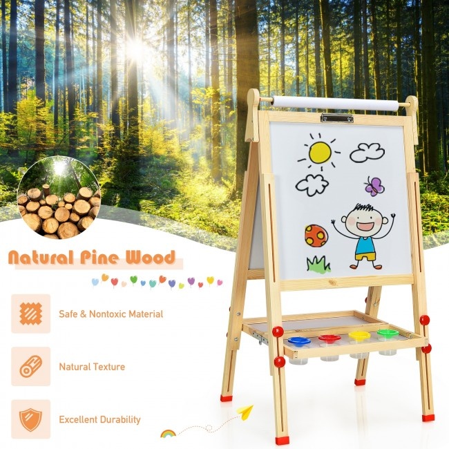 Kids Art Easel With Paper Roll DoubleSided Regulable Drawing Easel Plank