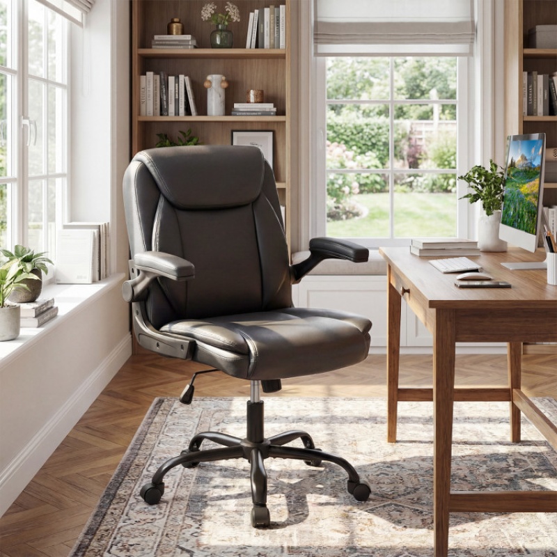 Ergonomic Leather Office Chair With Flip-Up Armrests And Rocking Function-Black