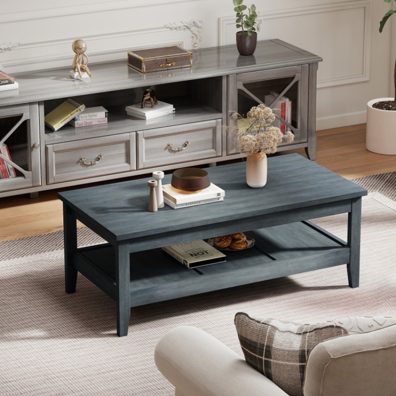 Farmhouse Coffee Table Rustic Cocktail Center Table With Thickened Tabletop-Blue