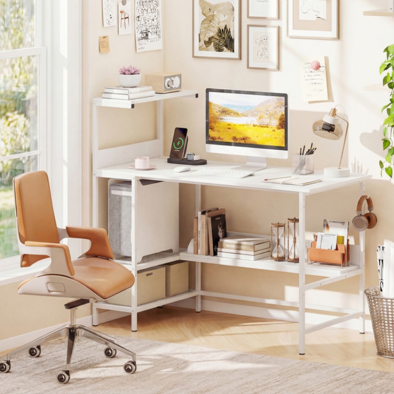 48 Inch Computer Desk With Power Outlets And Storage Shelves-White