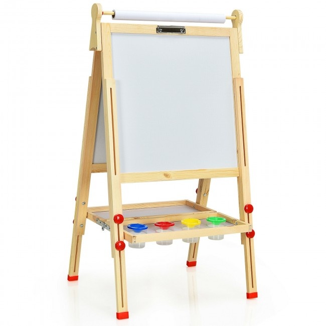 Kids Art Easel With Paper Roll Double-Sided Regulable Drawing Easel Plank