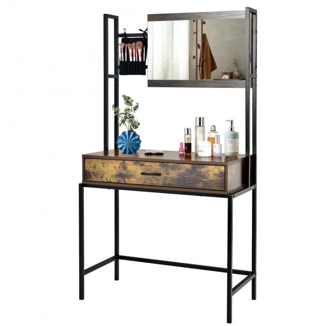 Industrial Vanity Table With 3Height Adjustable Mirror Bag