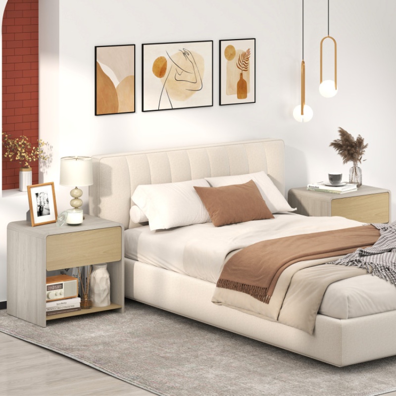 2-Tier Modern Style Nightstand With Drawer And Open Shelf-Oak