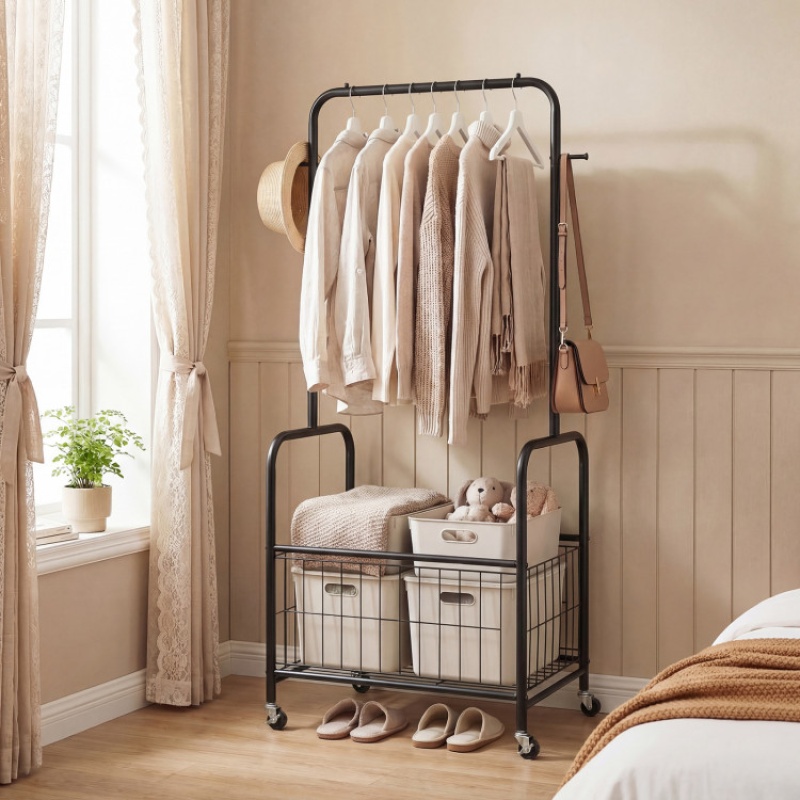Rolling Metal Clothes Rack With Hanging Rod And Storage Basket