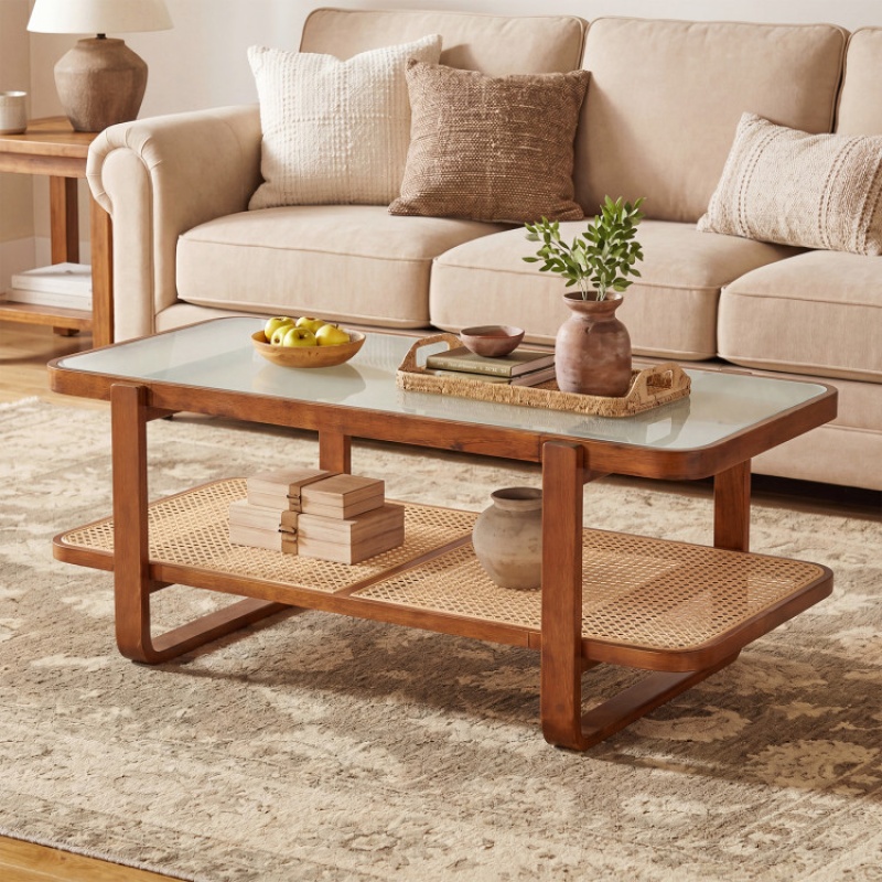 Rattan Coffee Table With Tempered Glass Top And Storage Shelf-Walnut