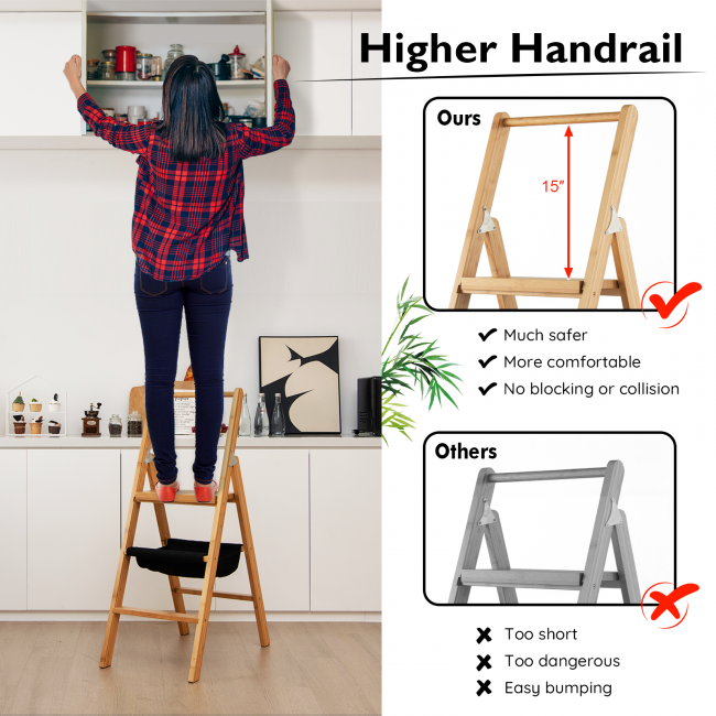 3 Step Foldable Bamboo Step Ladder Stool With Tool Storage Bag