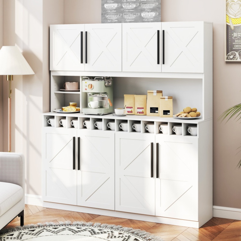 70 Inch Farmhouse Pantry Cabinet Kitchen Buffet Hutch With 4 Cabinets And 2 Open Shelves-White