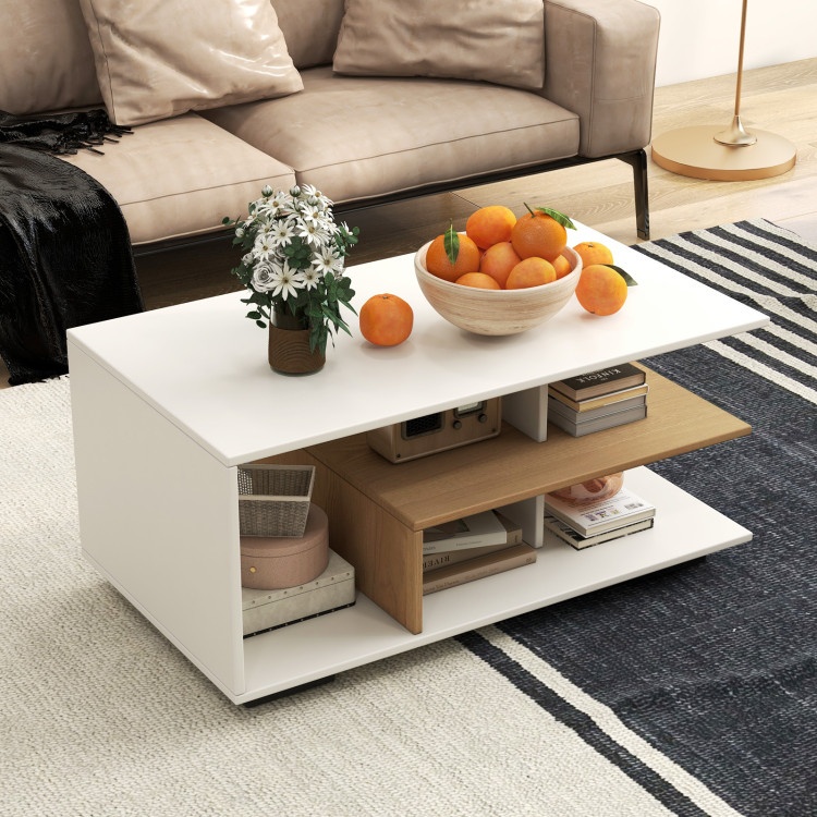 Rectangular Coffee Table With L-Shaped Middle Shelf - White