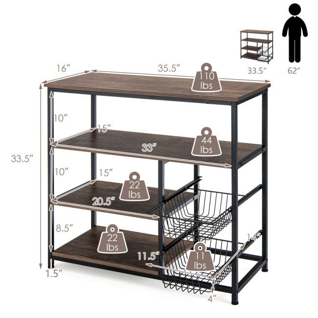 4Tier Industrial Kitchen Baker's Rack With 2 Wire Baskets