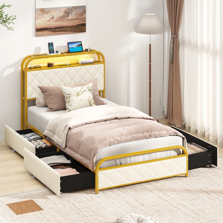 Twin/Full/Queen Size Bed Frame With Led Lights And Charging Station Gold-Twin Size