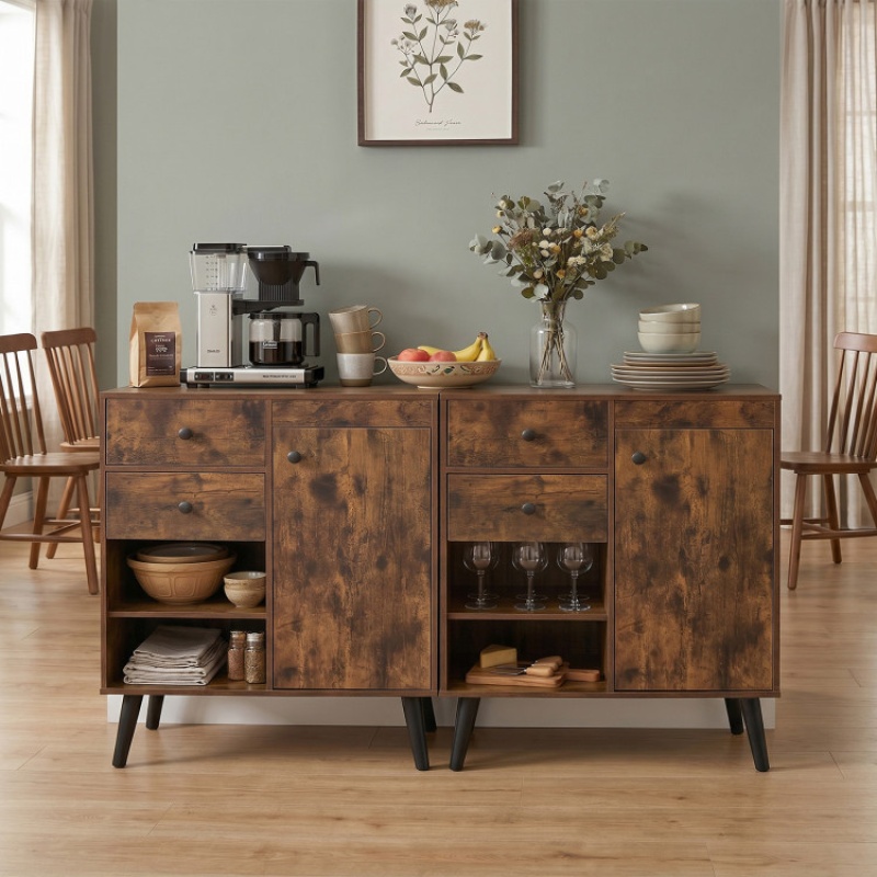 Set Of 2 31" Buffet Cabinet With 2 Drawers And Open Compartments For Kitchen-Rustic Brown