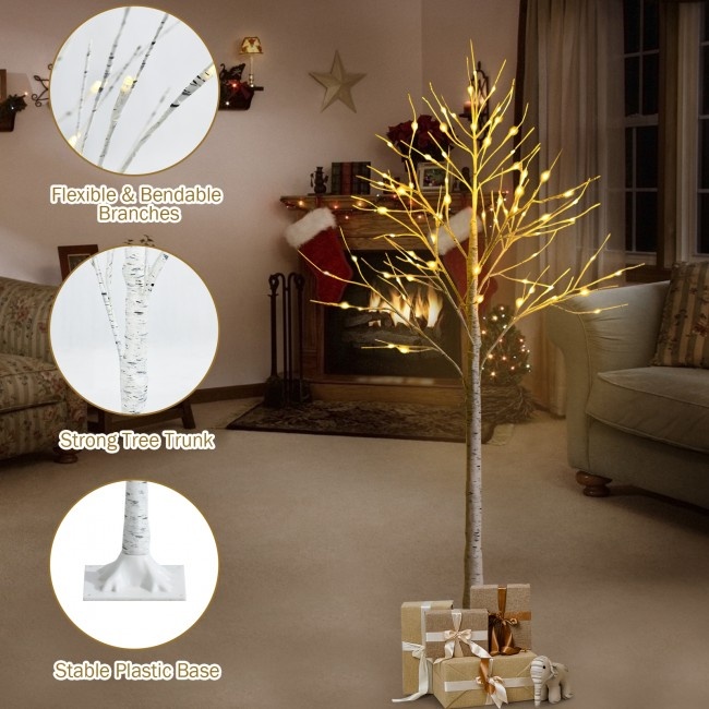5 Feet Pre-Lit White Twig Birch Tree With 72 Led Lights For Christmas