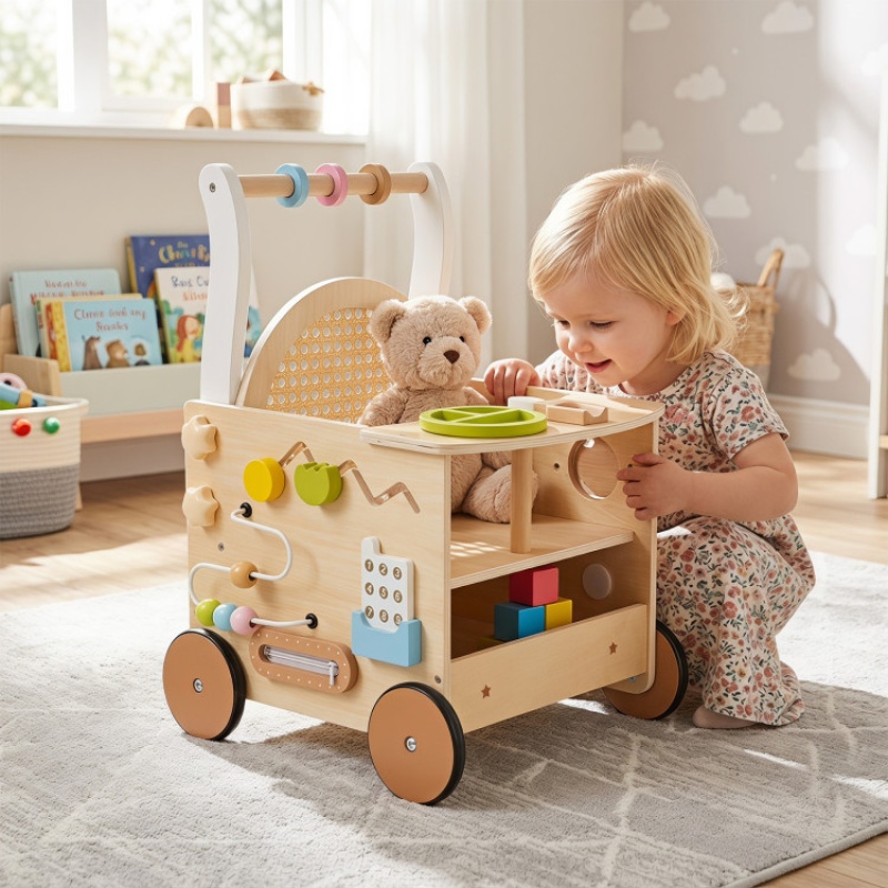 13-In-1 Toddler Wooden Push Walker With Wheels And Storage