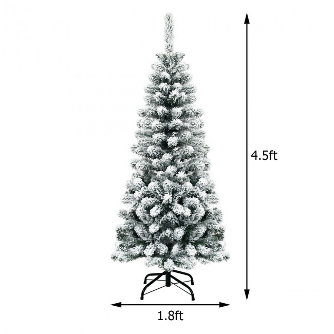 4.5 Feet Pre-Lit Snow Flocked Pencil Christmas Tree With 150 Led Light