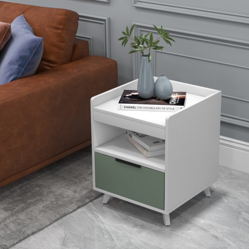 Modern Nightstand With Led Lights Sliding Drawer And Open Compartment-White