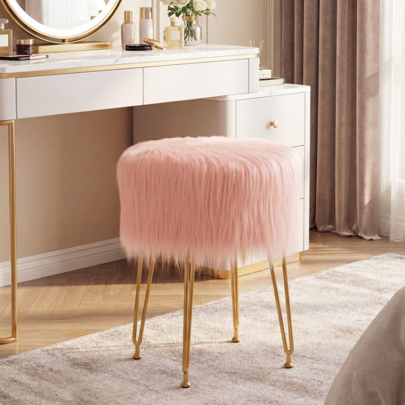 Faux Fur Vanity Stool Chair With Metal Legs For Bedroom And Living Room-Pink