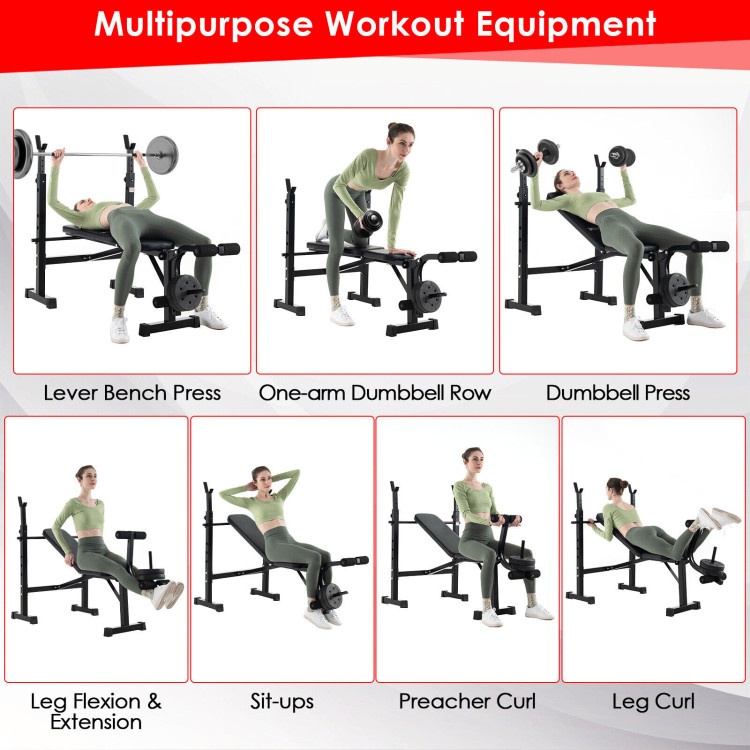 Adjustable Weight Bench And Barbell Rack Set With Weight Plate Post