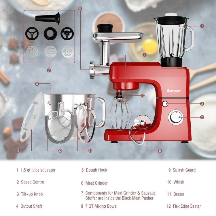 3-In-1 Multi-Functional 6-Speed Tilt-Head Food Stand Mixer