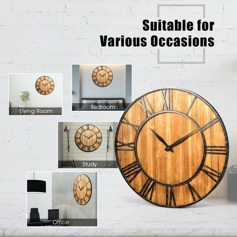 30" Round Wall Clock Decorative Wooden Silent Clock With Battery