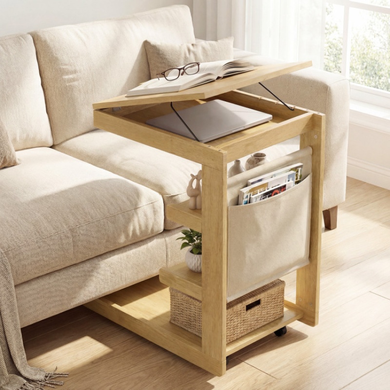 C-Shaped End Table With Wheels And Adjustable Desktop For Sofa Couch Bedside-Natural