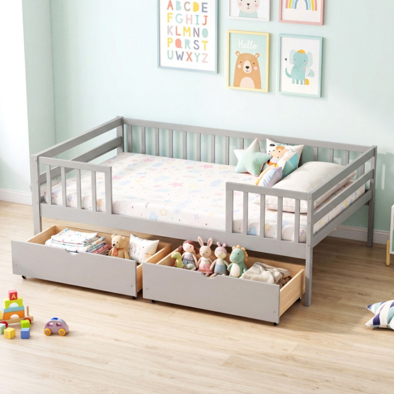 Full Size Daybed With Fence And 2 Drawers For Boys And Girls-Gray