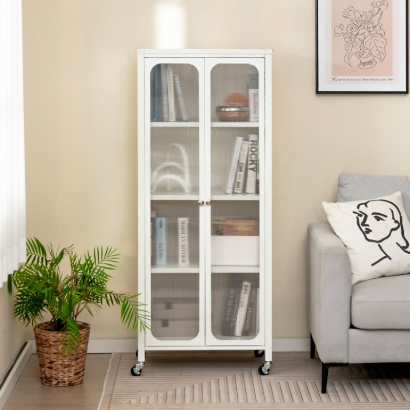 Glass Doors Storage Cabinet With Wheels And Adjustable Shelves-White