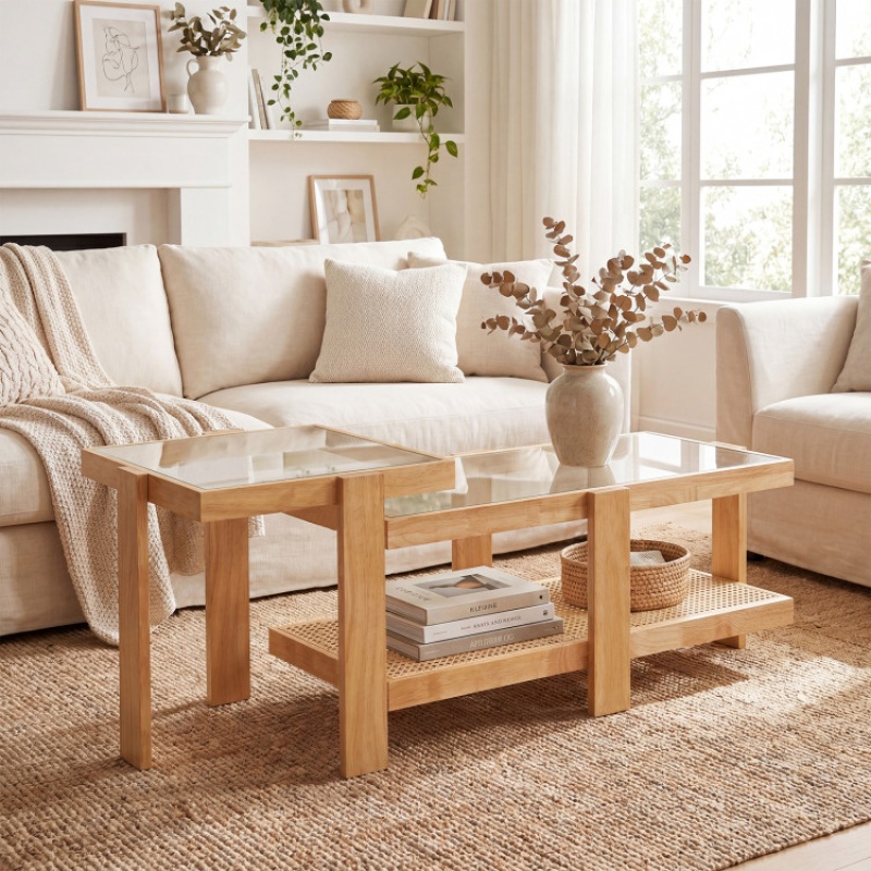 Set of 2 Nesting Coffee Table with Boho Rattan Accent Table