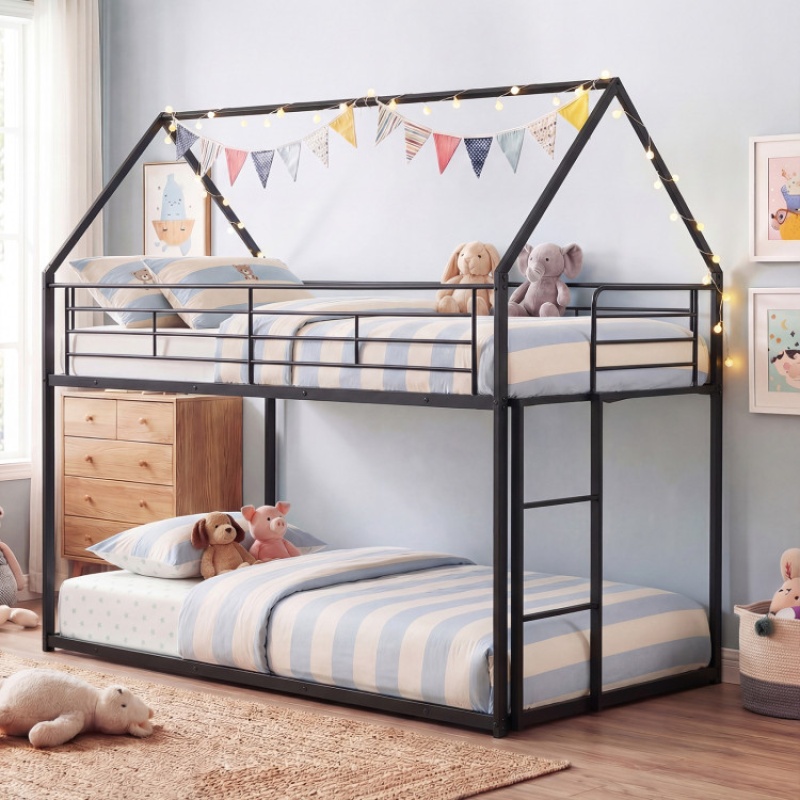Twin Over Twin Metal Bunk Bed With Roof And Ladder-Black