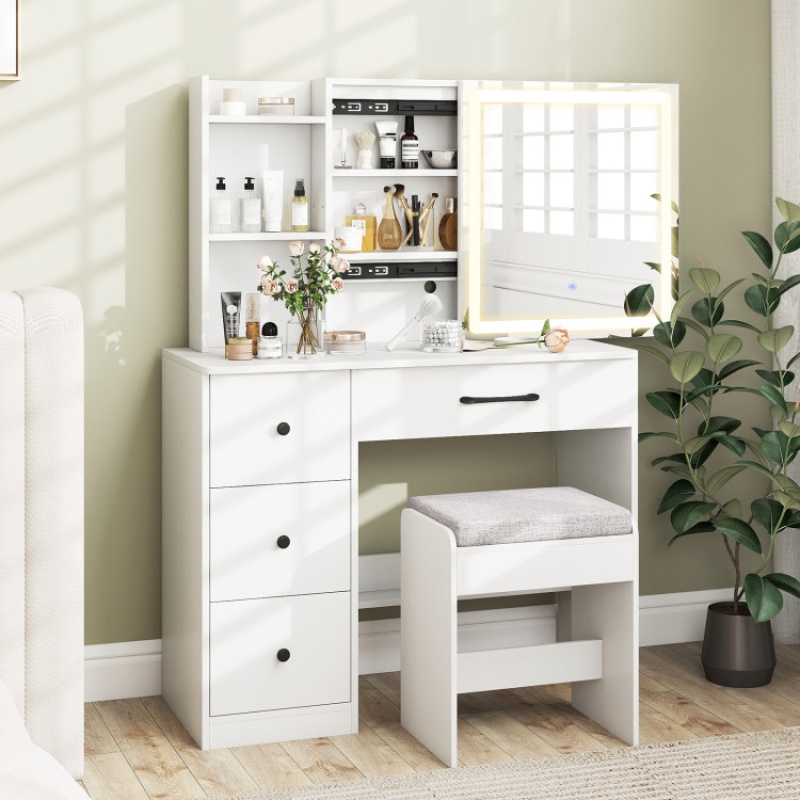 Vanity Desk With Sliding Mirror And Lights Makeup Table And Chair Set With 4 Drawers-White