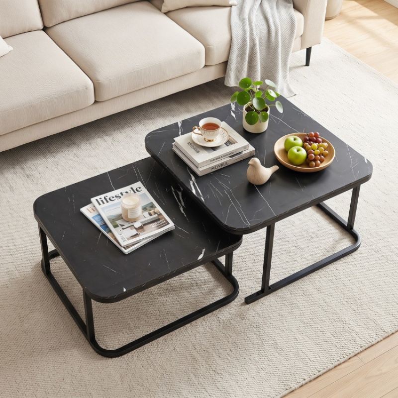 Nesting Coffee Table Set Of 2 With Faux Marble Top And Metal Frame-Black