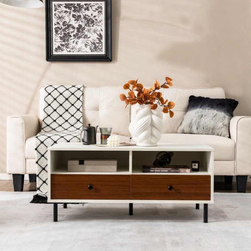 2 Tier 40 Inch White Coffee Table with Storage Shelf and Drawers