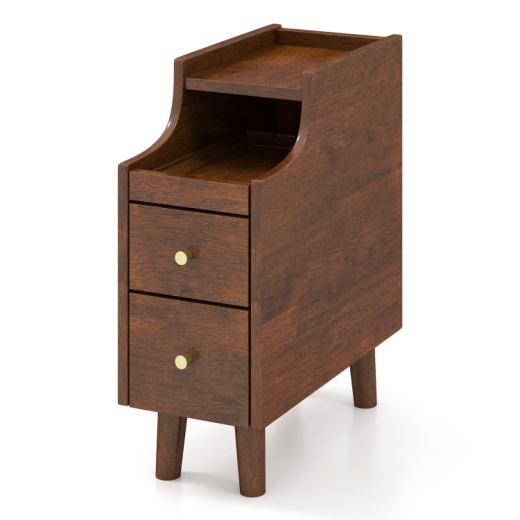 Solid Wood End Table Narrow Bedside Table With Pull-Out Tray And 2 Storage Drawers-Brown