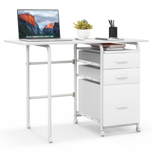 Home Office Folding Computer Laptop Desk Wheeled With 3 Drawers